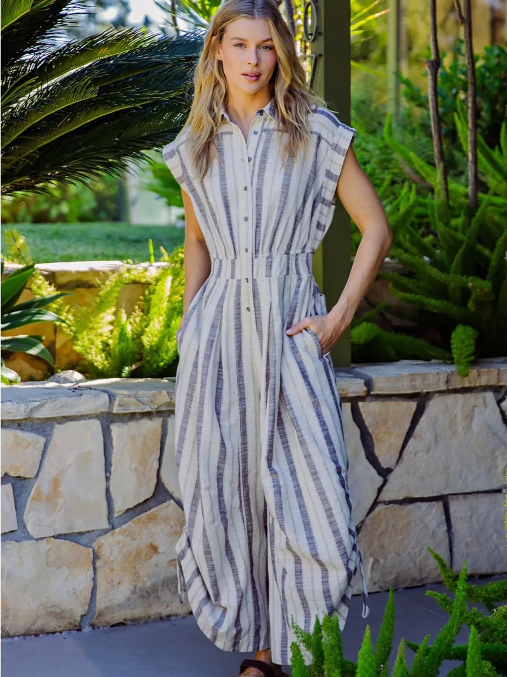 Striped Button-Front Jumpsuit in Mocha Stripe
